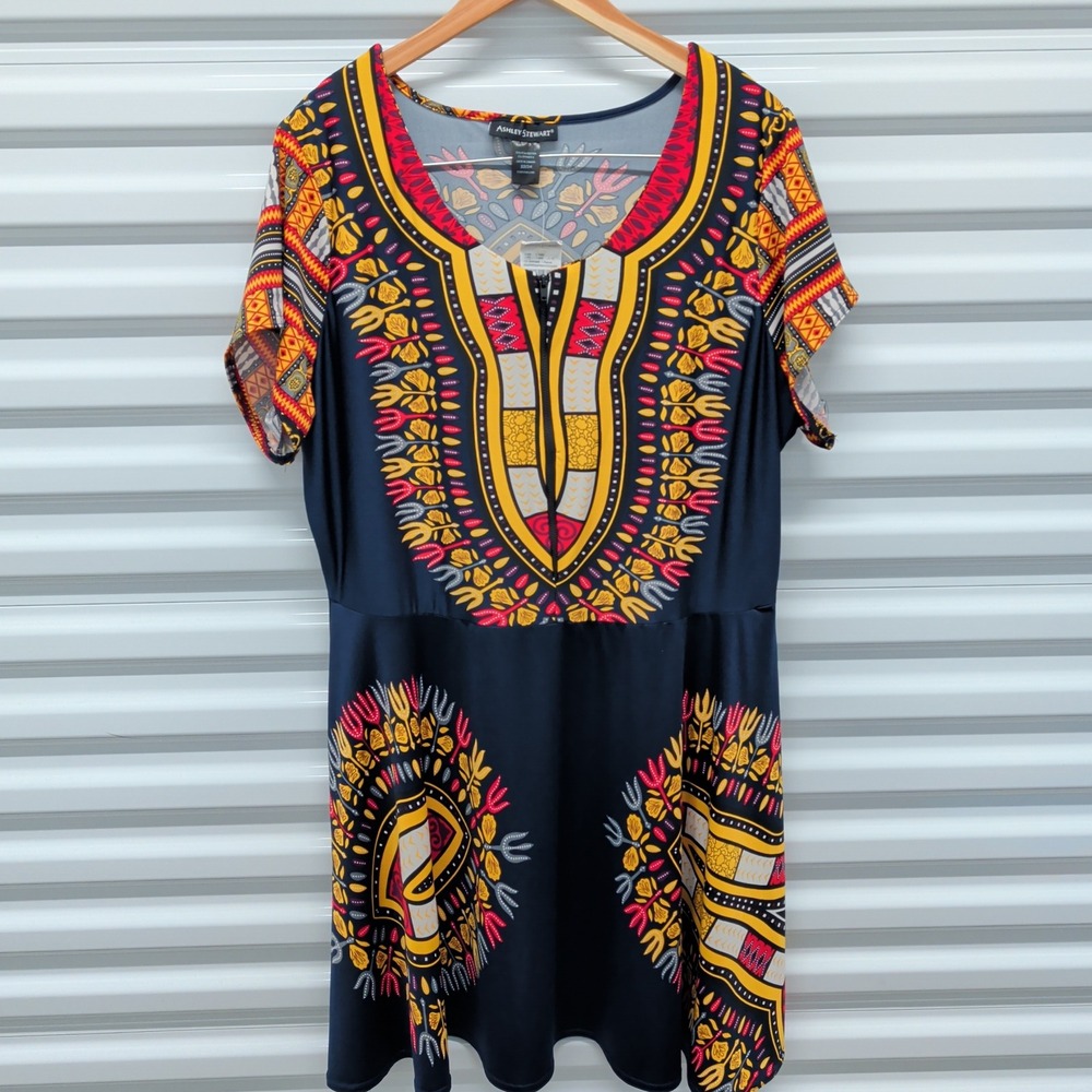 Ashley Stewart Dashiki Print Dress Size 22/24‎ Womens Peacoat Blue Fit Flare NWT